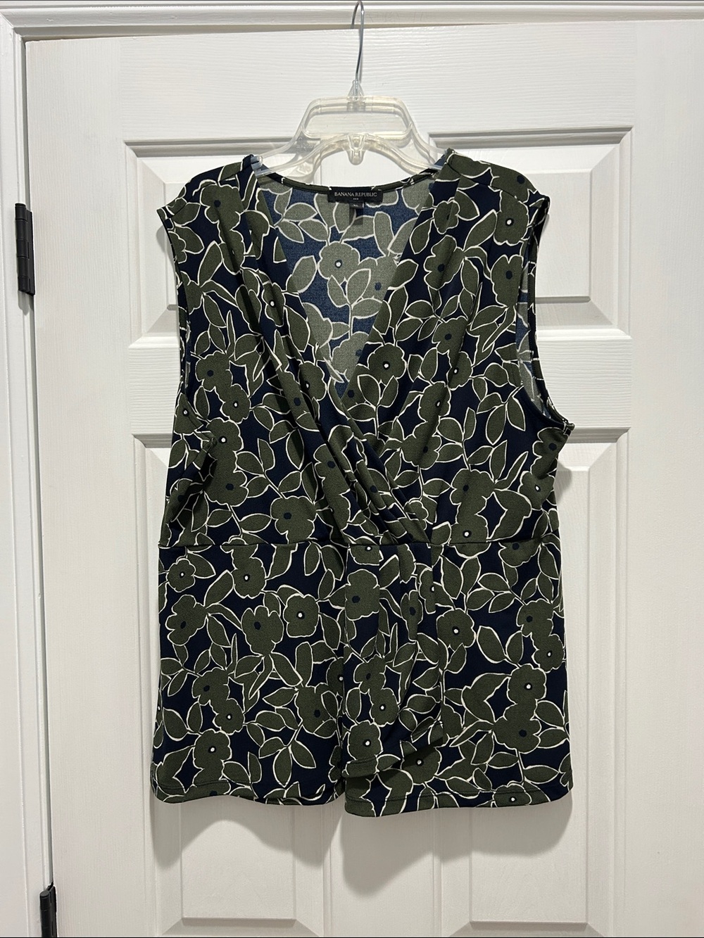 Banana Republic Olive and Navy Floral Wrap-Style Sleeveless Top